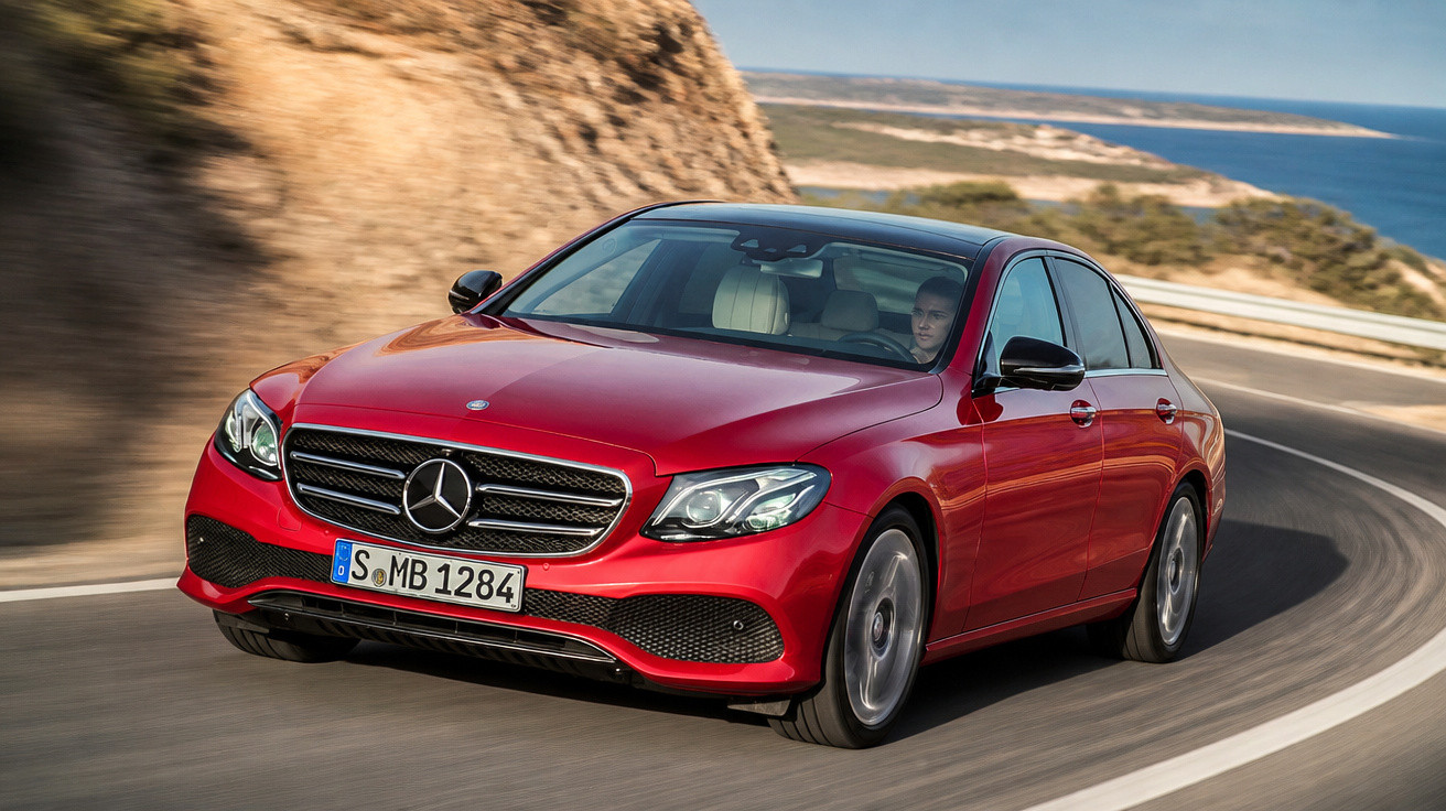 Carro vermelho Mercedes-Benz a circular numa estrada sinuosa junto ao mar.