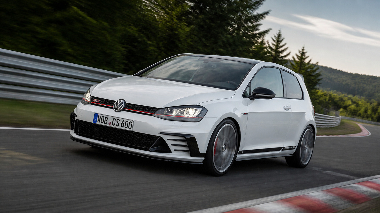 Carro desportivo Volkswagen Golf GTI branco a fazer curvas numa pista de corrida rodeada por árvores.