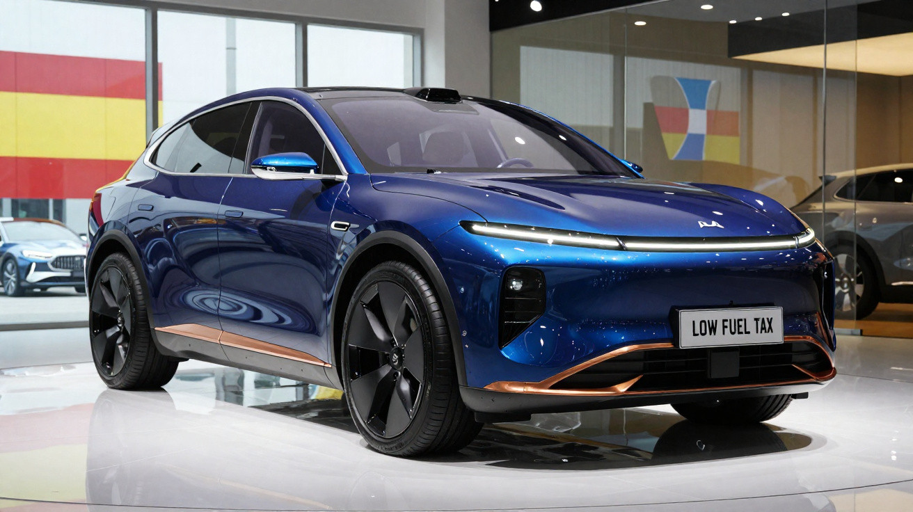 Carro elétrico azul metálico exposto em salão, com design moderno e elegante, e janelas espelhadas.