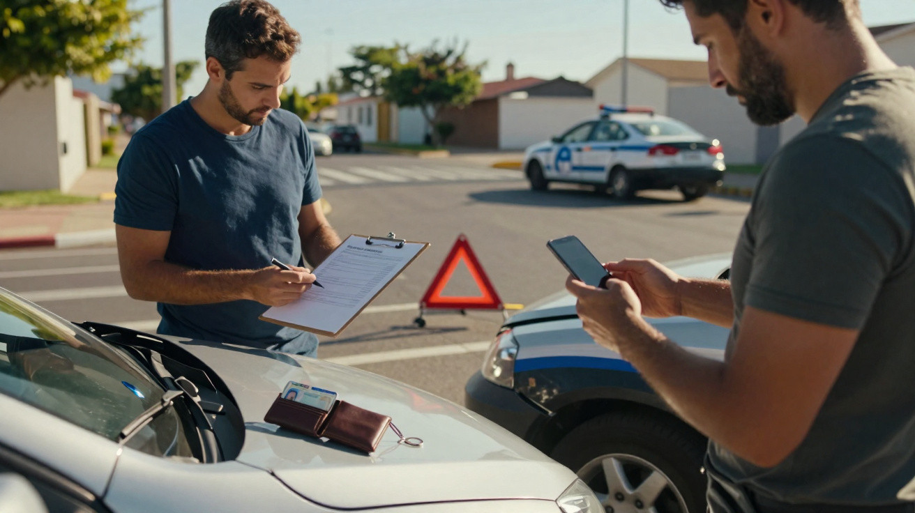 Homem a preencher formulário após acidente ligeiro entre carros, polícia e triângulo de sinalização na estrada.