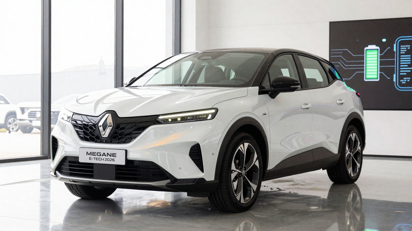 Renault Megane E-Tech 2025 branco estacionado em showroom moderno com luz natural.