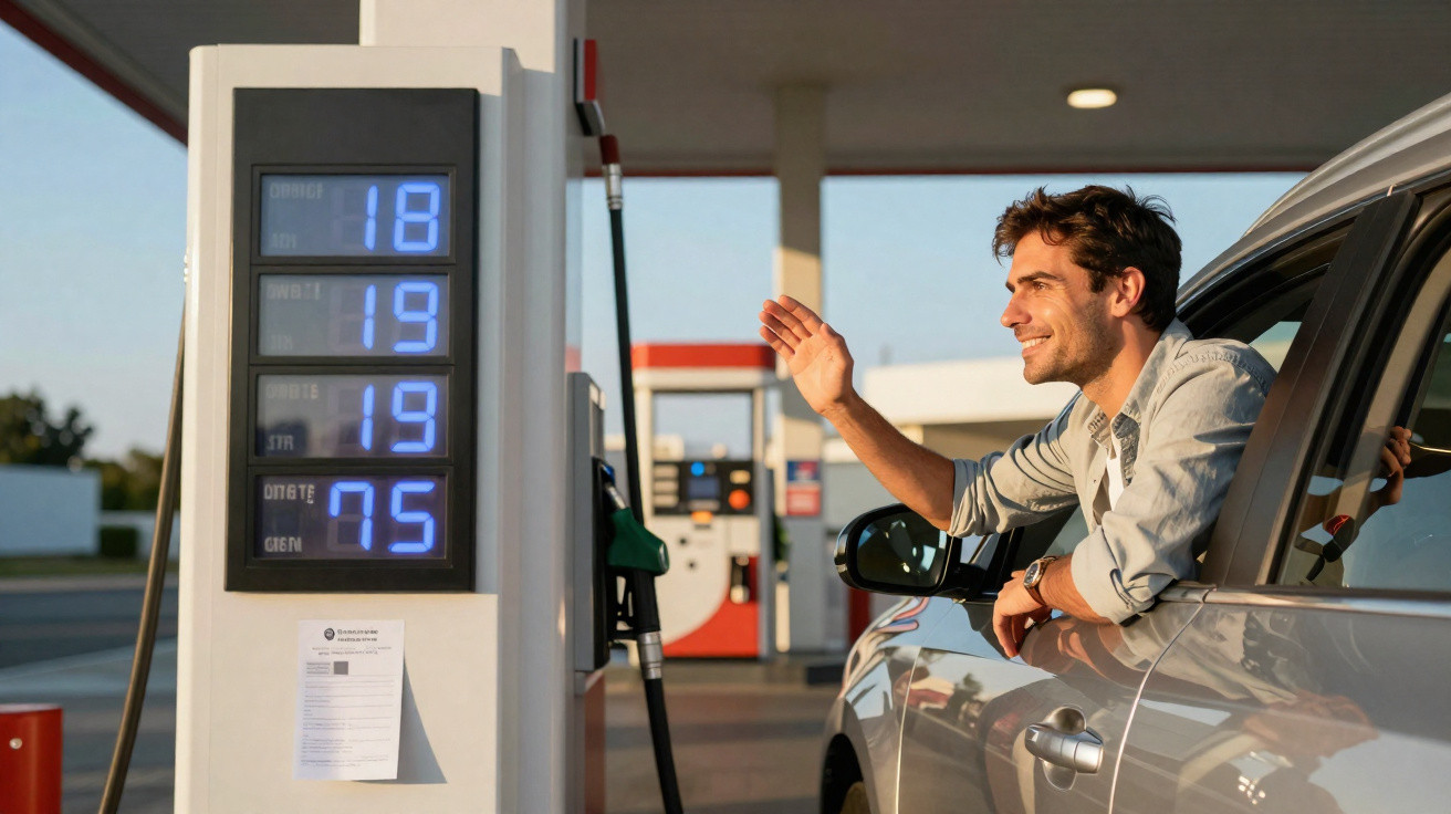 Homem sorridente no carro acenando junto a uma bomba de gasolina numa estação de serviço.