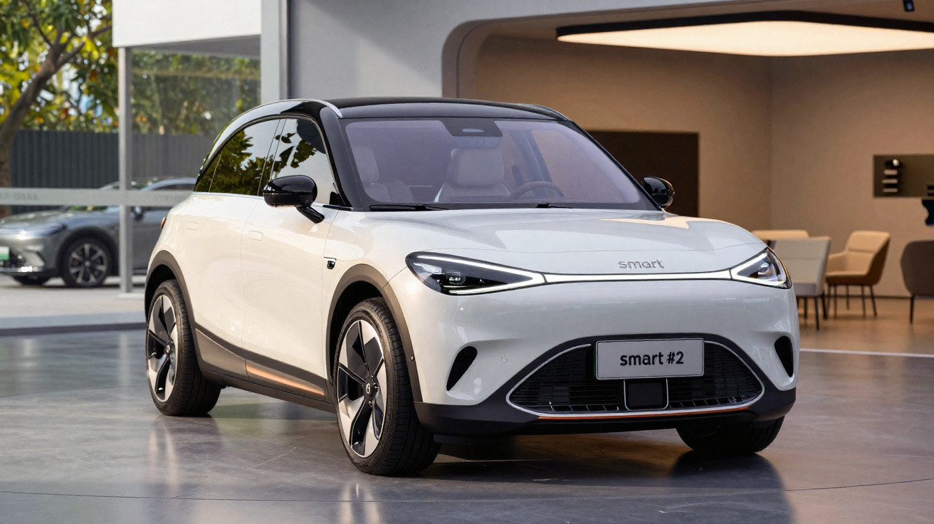 Carro elétrico Smart branco com tejadilho preto estacionado num espaço interior moderno.