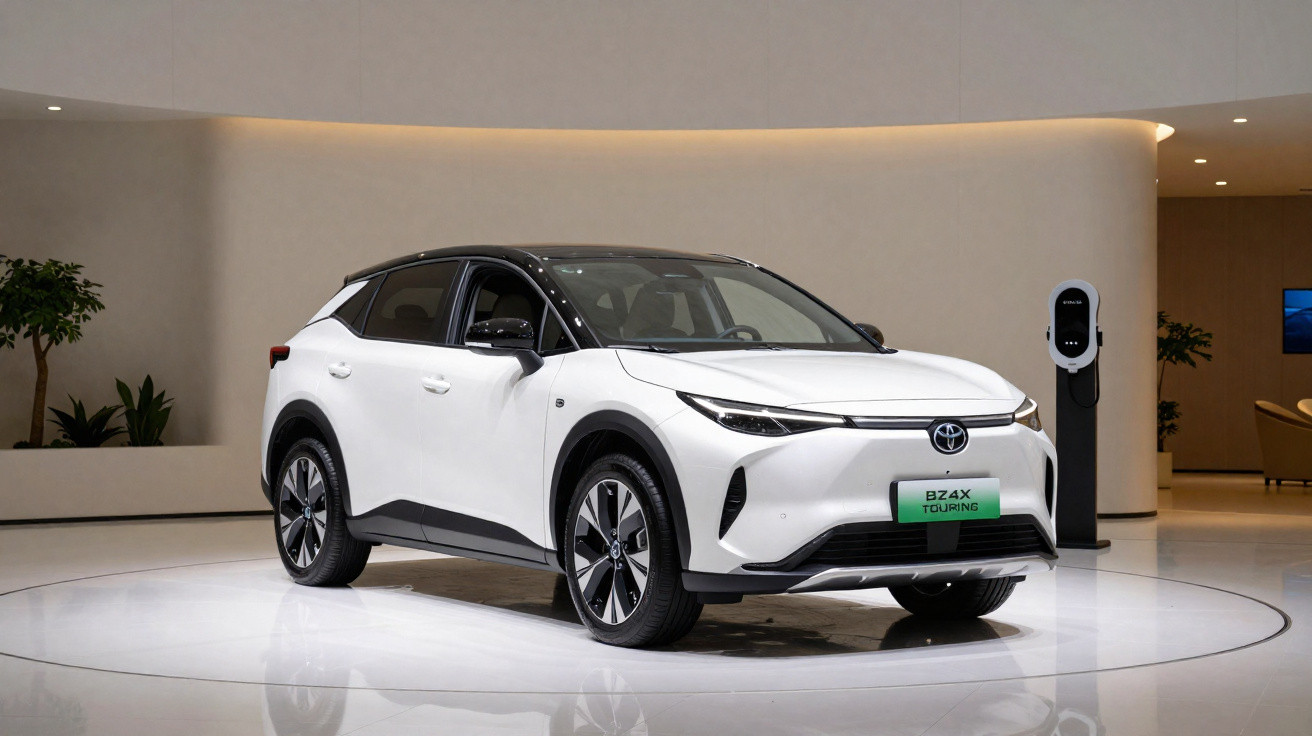 Carro elétrico Toyota BZ4X branco num showroom moderno, próximo de um posto de carregamento.