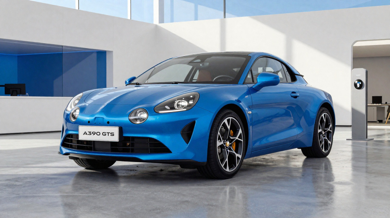 Carro desportivo azul Alpine A390 GTS estacionado em showroom moderno e iluminado.