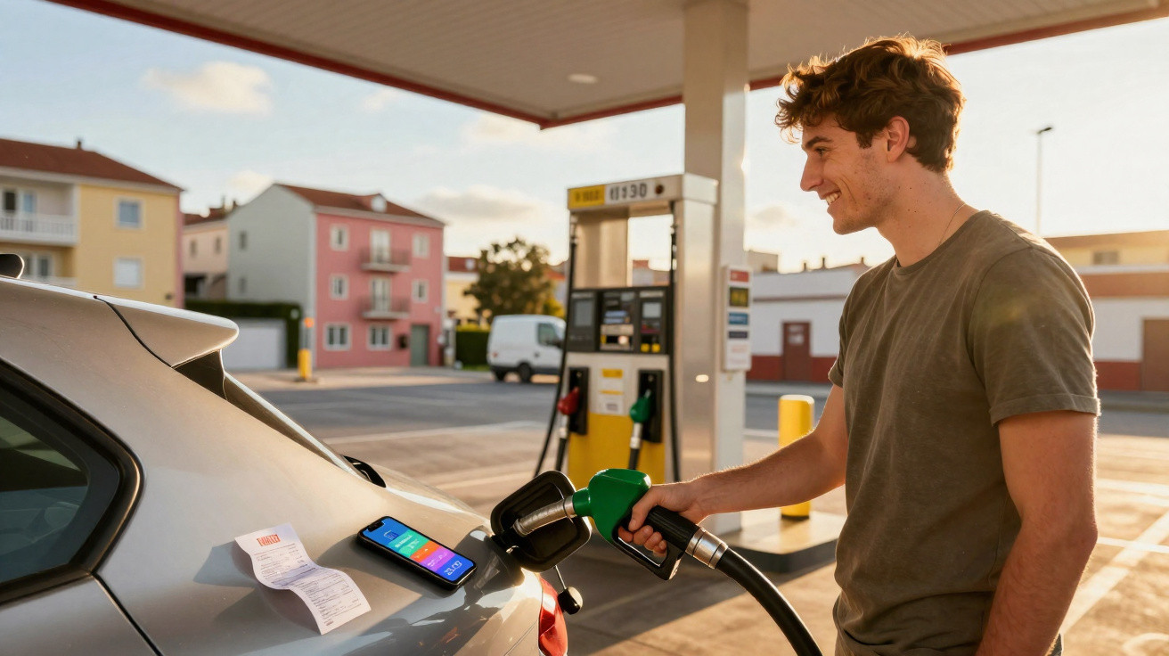 Homem com camiseta verde abastece carro numa bomba de gasolina ao pôr do sol, com smartphone no carro.