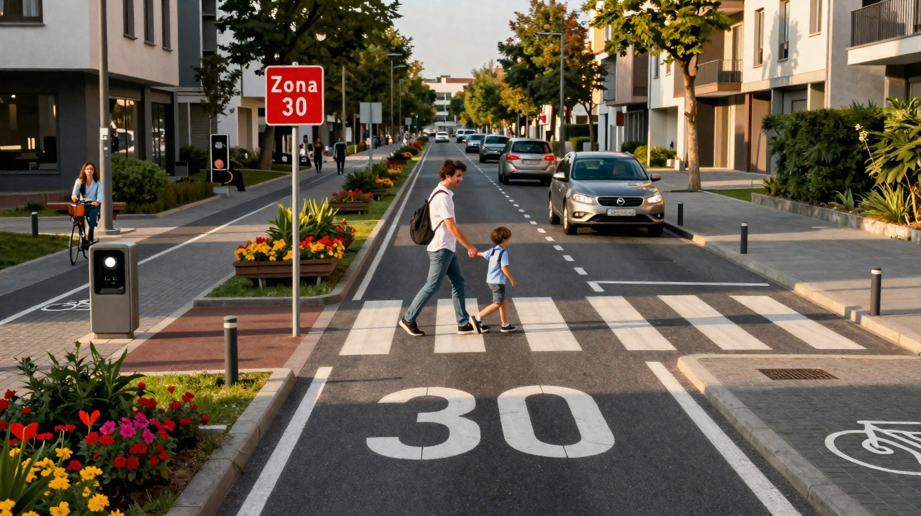 Homem e criança atravessam passadeira numa rua residencial com sinalização de Zona 30 e ciclovia.