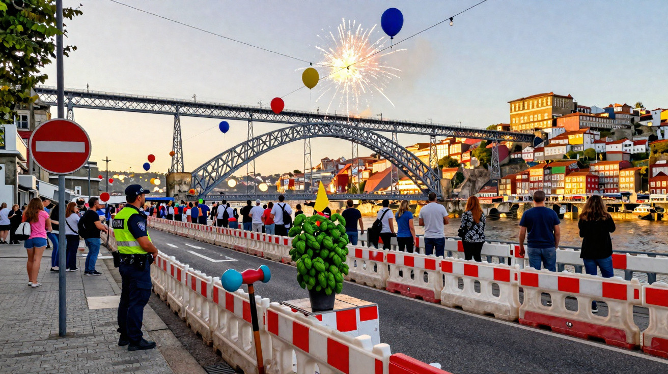 Ponte Dom Luís I em festa com pessoas, balões coloridos e fogo de artifício ao pôr do sol no Porto.