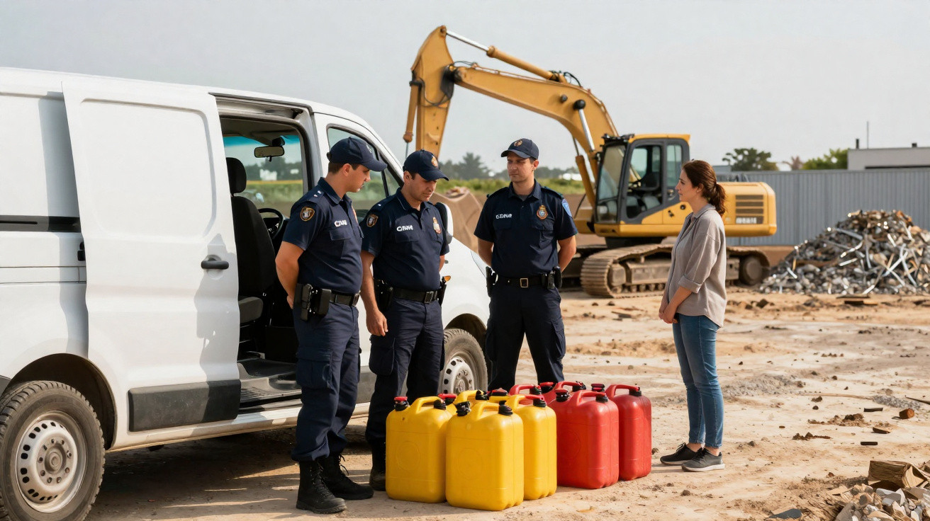 Três polícias inspecionam jerricans coloridos junto a uma carrinha branca num local de construção com retroescavadora ao fund