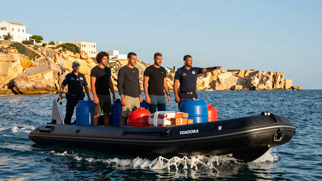 Cinco homens em barco rígido preto com barris e caixas, mar calmo e falésia ao fundo ao pôr do sol.