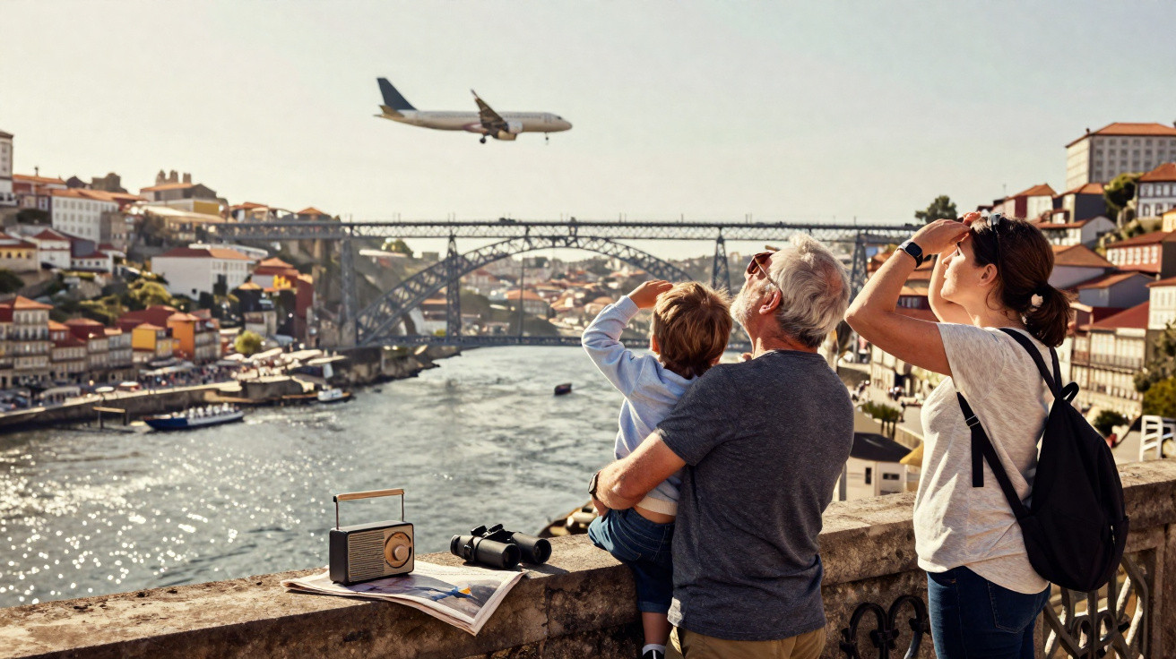 Família observa avião a sobrevoar o rio Douro com a ponte D. Luís ao fundo, em dia de sol.