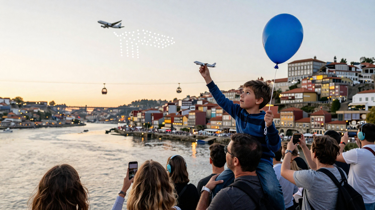 Criança com balão azul brinca com avião de brinquedo enquanto pessoas observam paisagem urbana ao pôr do sol.