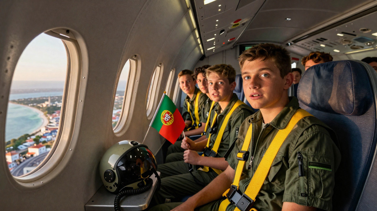 Jovens em uniforme militar com cintos de segurança amarelos sentados numa janela de avião, um deles segura bandeira de Portug