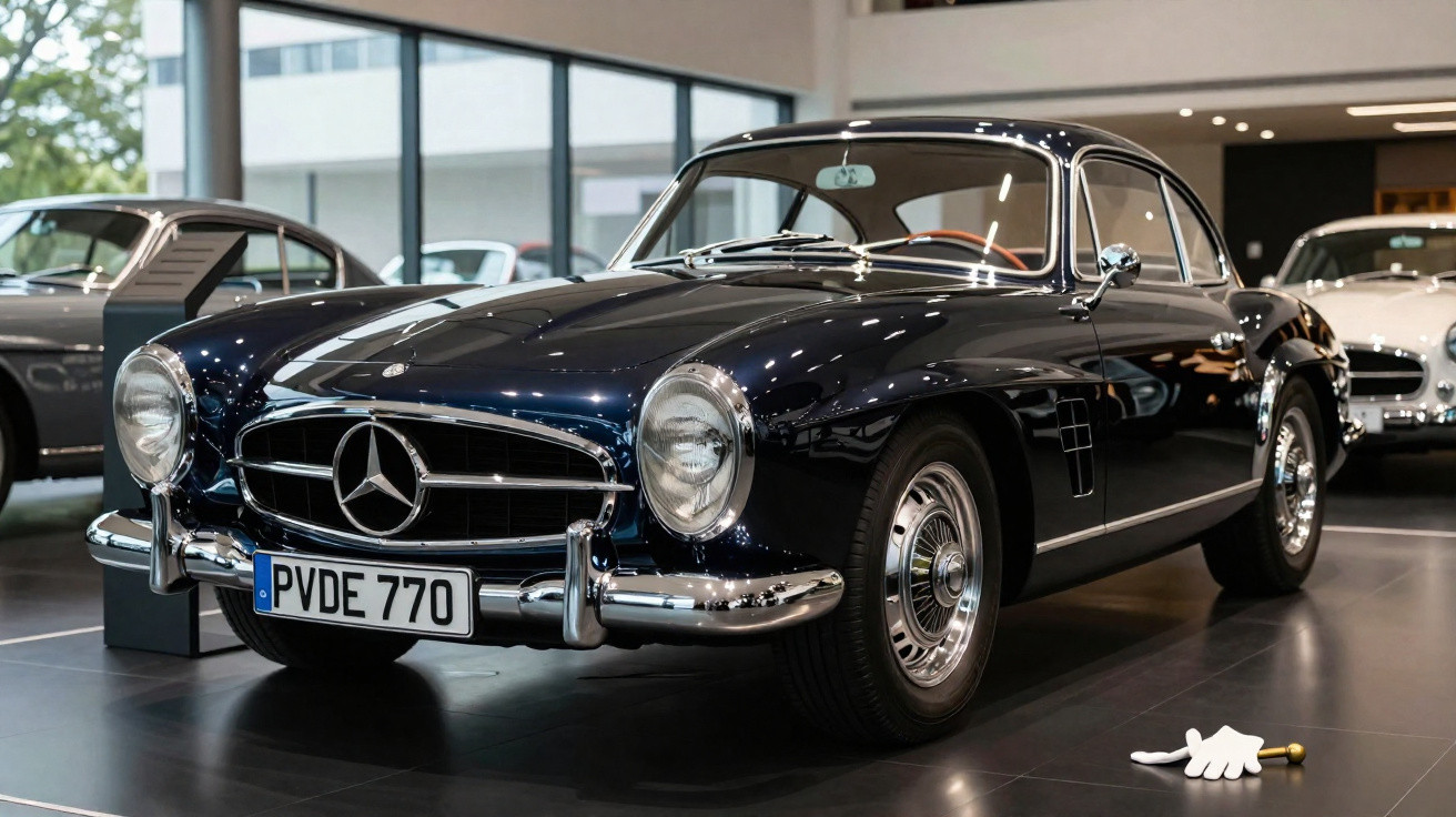Carro clássico Mercedes-Benz azul escuro exposto em museu, com design vintage e pormenores cromados.