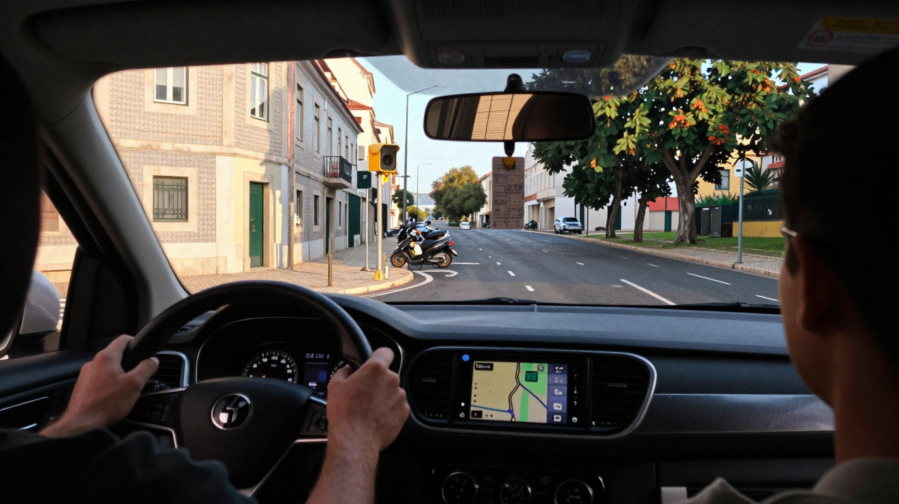 Vista interior de um carro com condutor e passageiro, circulando numa rua urbana com edifícios e vegetação.