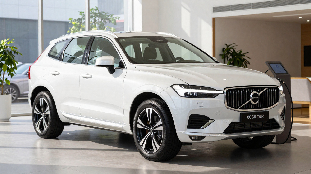 Carro SUV branco Volvo XC66 T6R em salão de exposição moderno com luz natural.