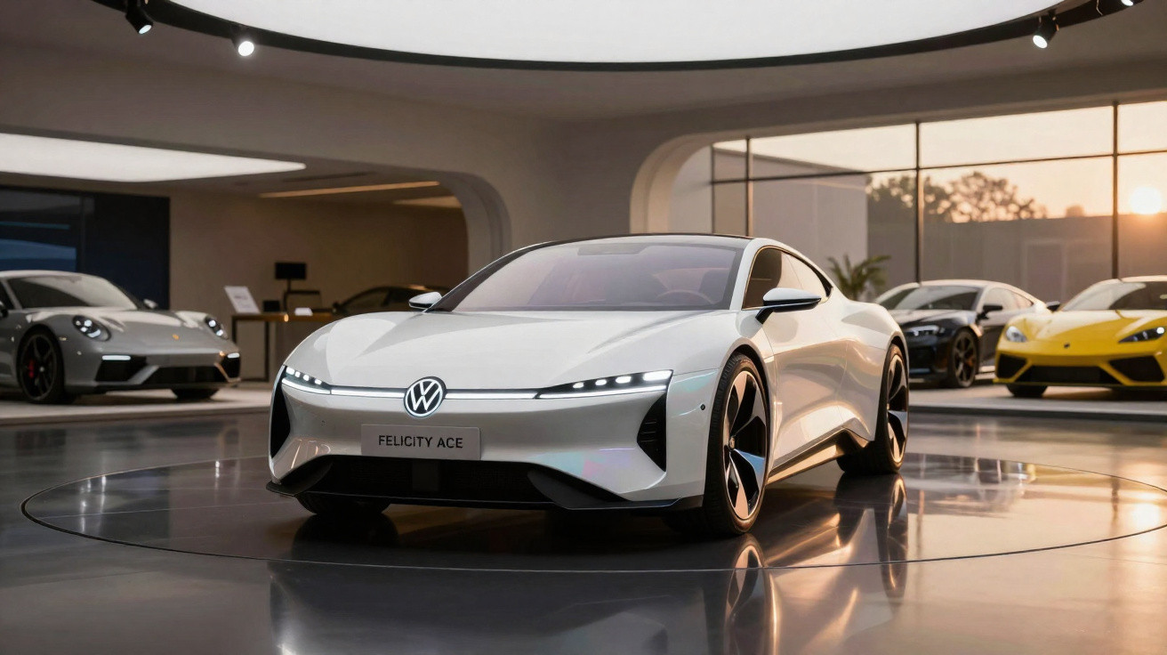Carro elétrico Volkswagen Felicity Ace branco em exposição numa sala moderna com outros carros ao fundo.