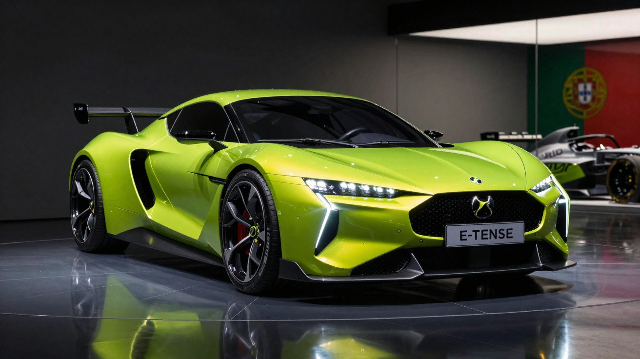 Carro desportivo elétrico verde brilhante DS E-Tense exibido em ambiente de exposição automóvel.