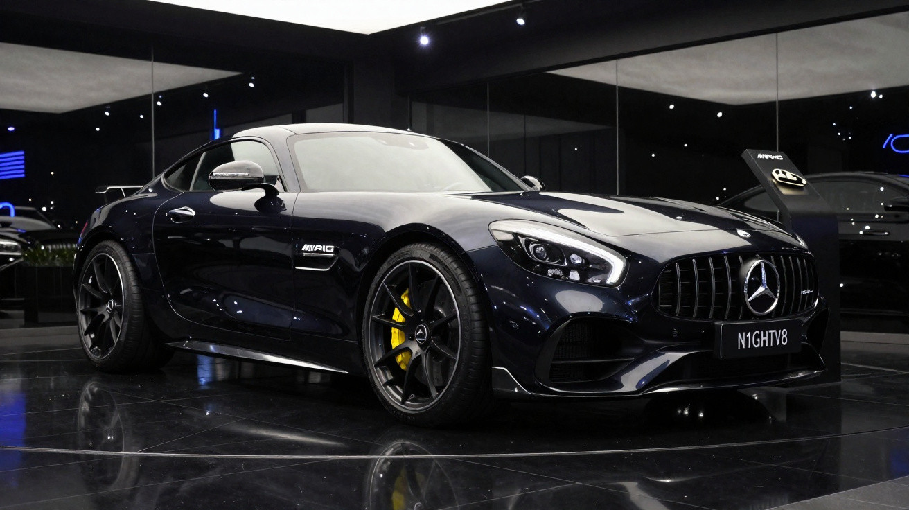 Carro desportivo Mercedes-Benz AMG GT preto brilhante estacionado num showroom moderno com chão reluzente.
