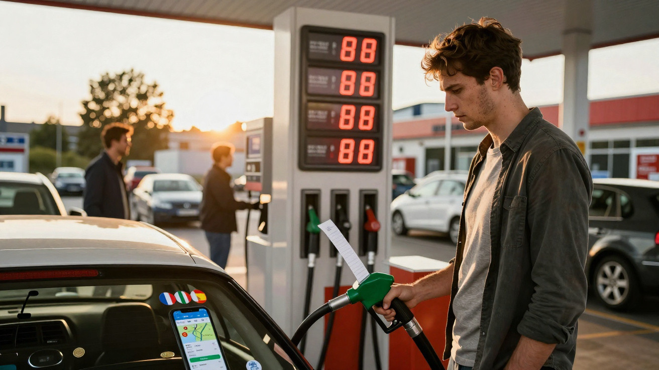 Homem a abastecer carro num posto de combustível ao entardecer com preço da gasolina não visível.
