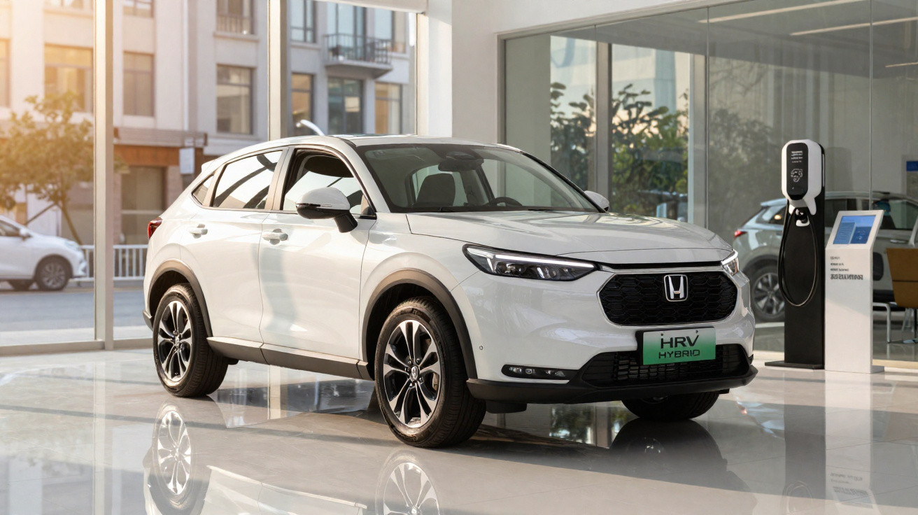 Carro híbrido Honda HR-V branco estacionado numa sala de exposição com carregador elétrico ao lado.