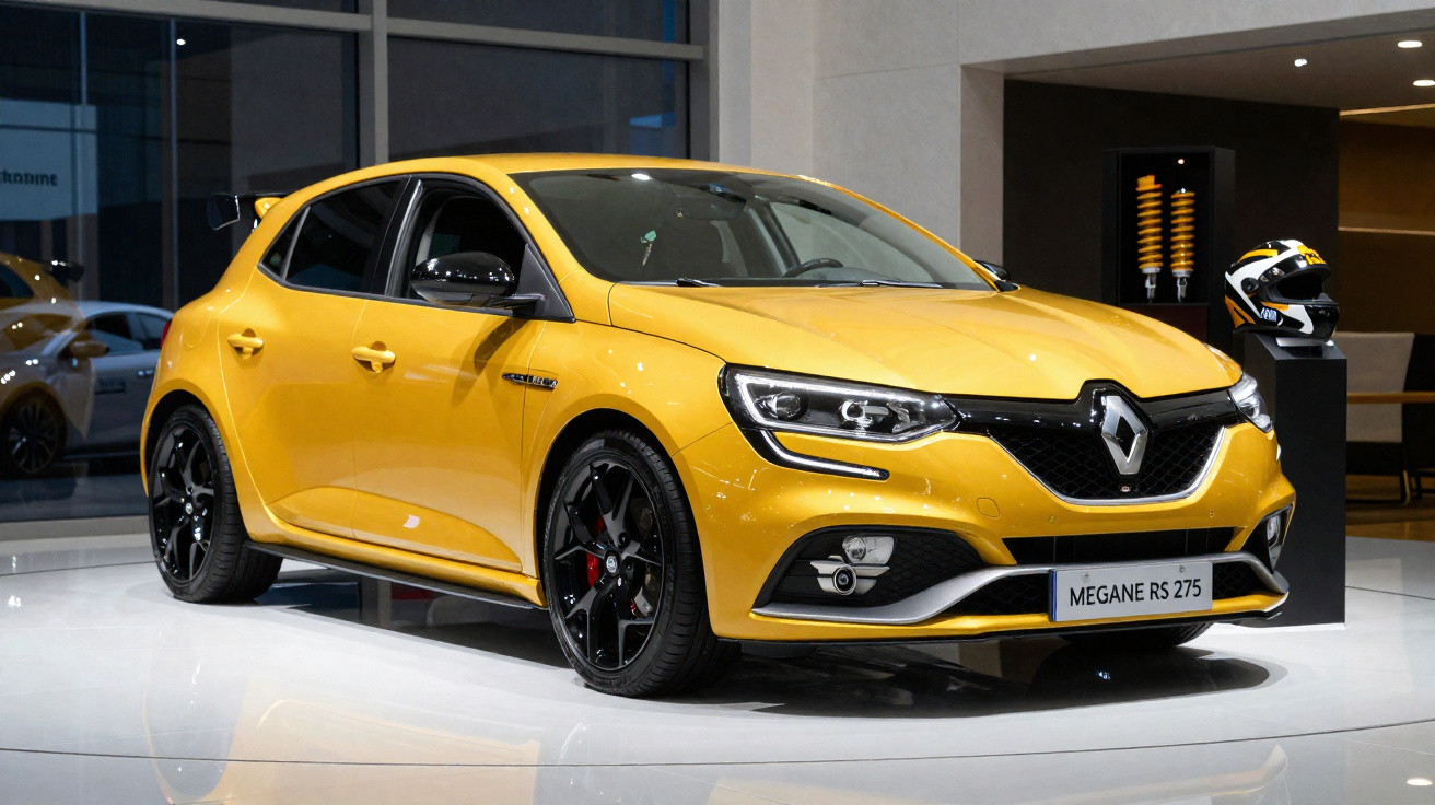 Automóvel Renault Megane RS 275 amarelo expositor, rodas pretas e capacete de corrida ao lado.