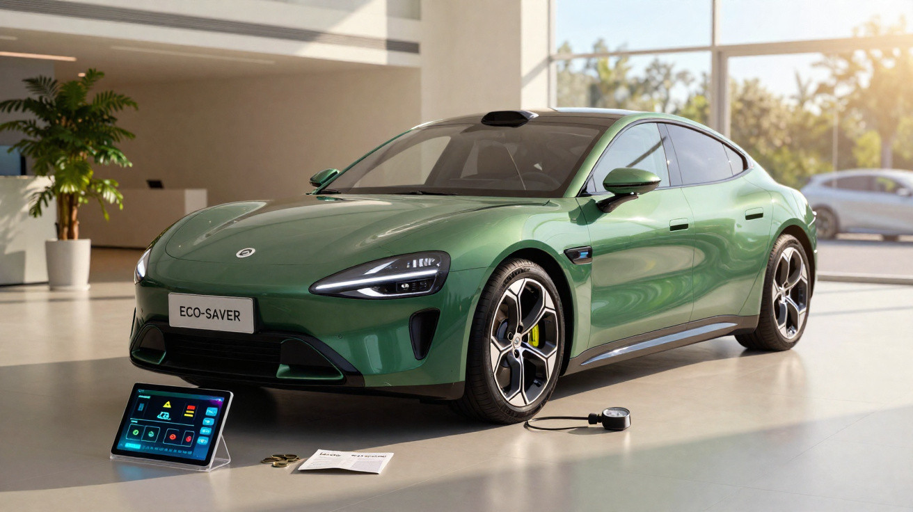 Carro elétrico verde Eco-Saver em exposição interior com ecrã tátil fora da viatura e tomada de carregamento.
