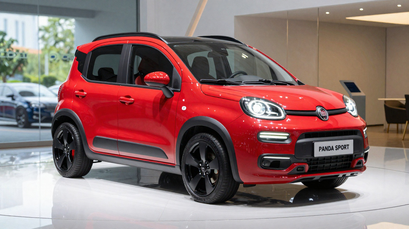 Automóvel Fiat Panda Sport vermelho com detalhes em preto exposto numa sala moderna.