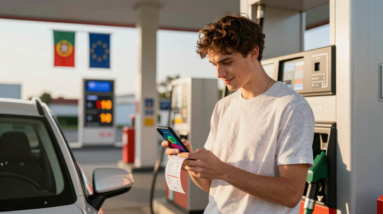 Jovem numa bomba de gasolina em Portugal a consultar o telemóvel e a segurar um talão de pagamento.