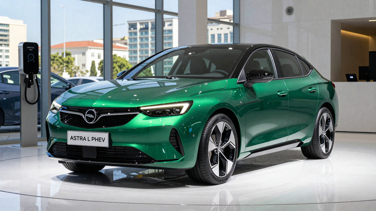 Carro elétrico Opel Astra L PHEV verde num showroom com carregador ao lado.