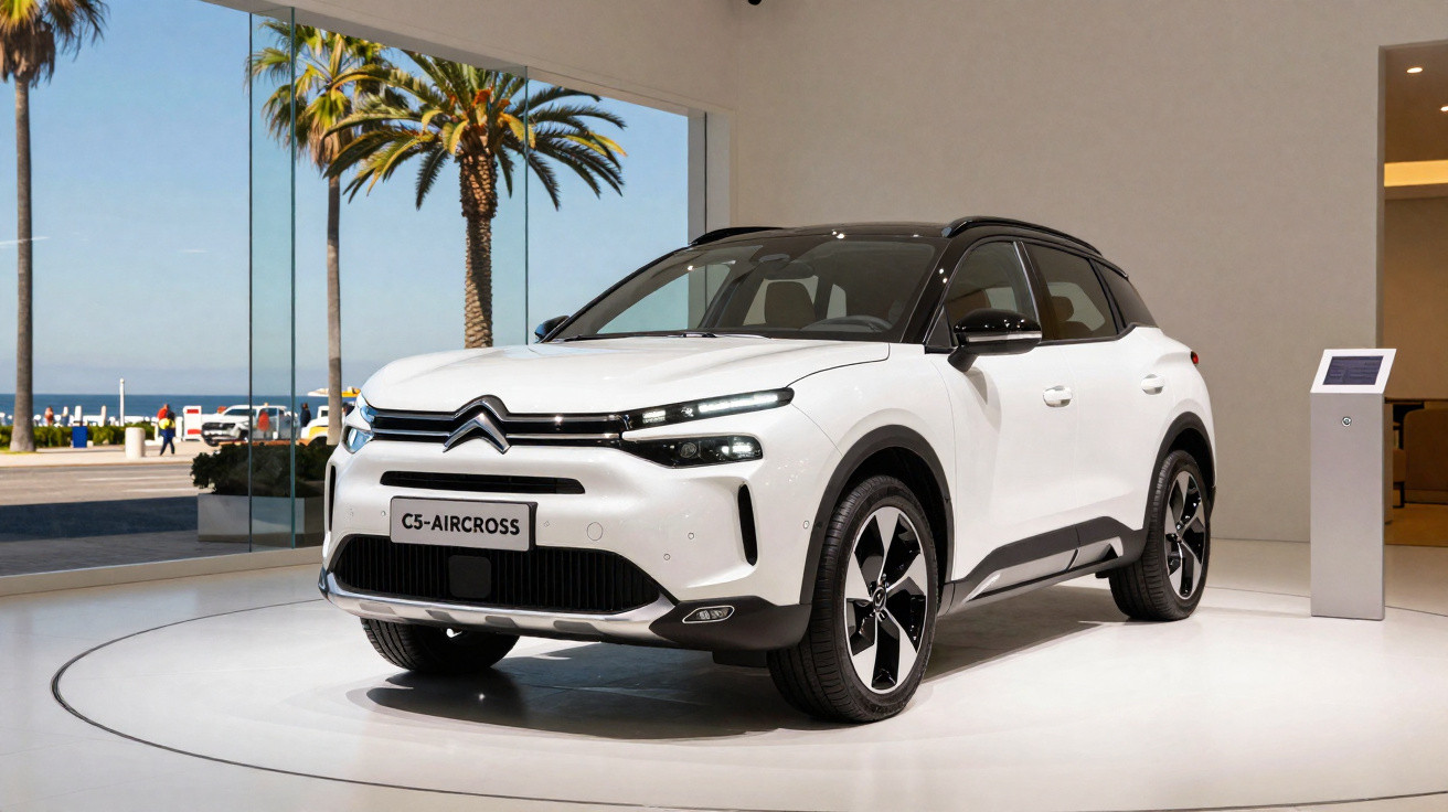Veículo Citroën C5 Aircross branco exposto em sala moderna com vista para palmeiras e mar ao fundo.