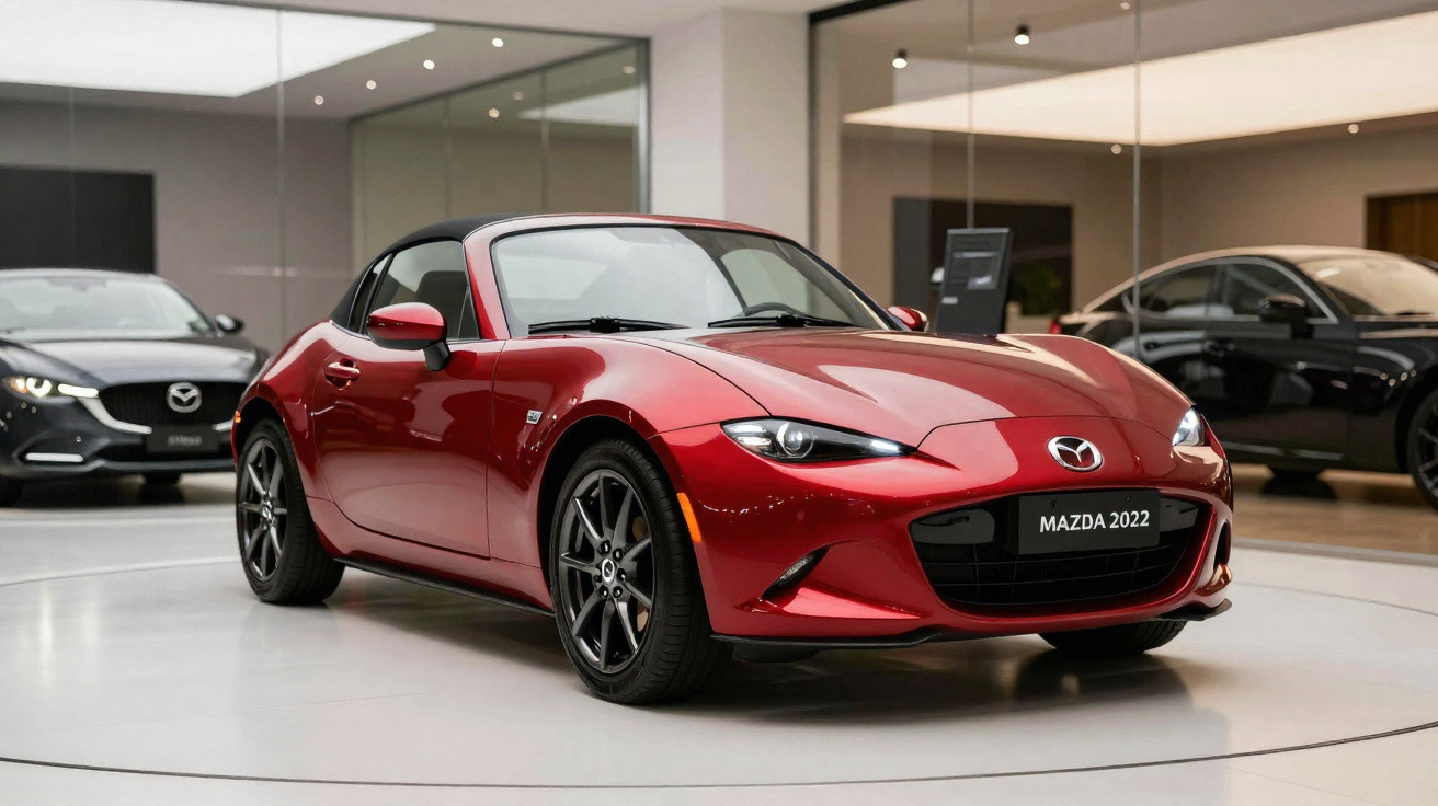Carro desportivo vermelho Mazda MX-5 2022 exposto em showroom moderno com outros carros ao fundo.