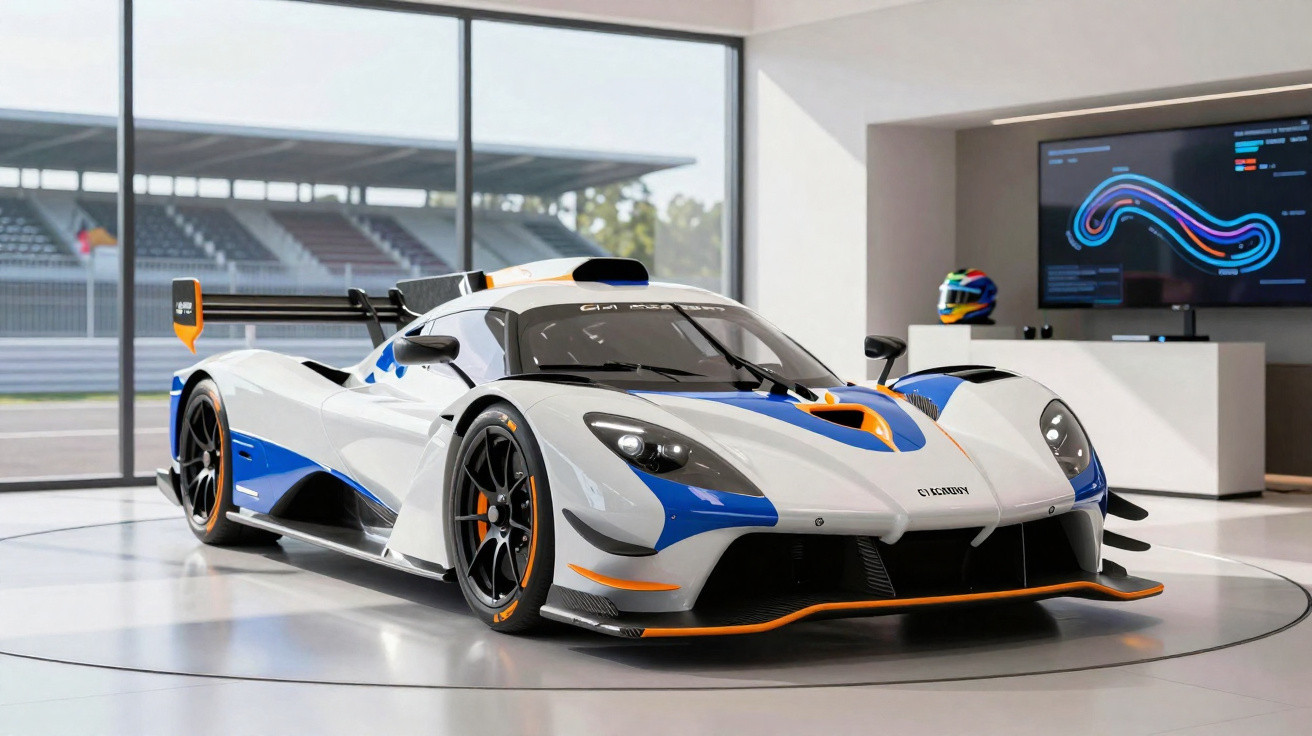 Carro de corrida branco, azul e laranja exposto em showroom com monitor e capacete ao fundo.