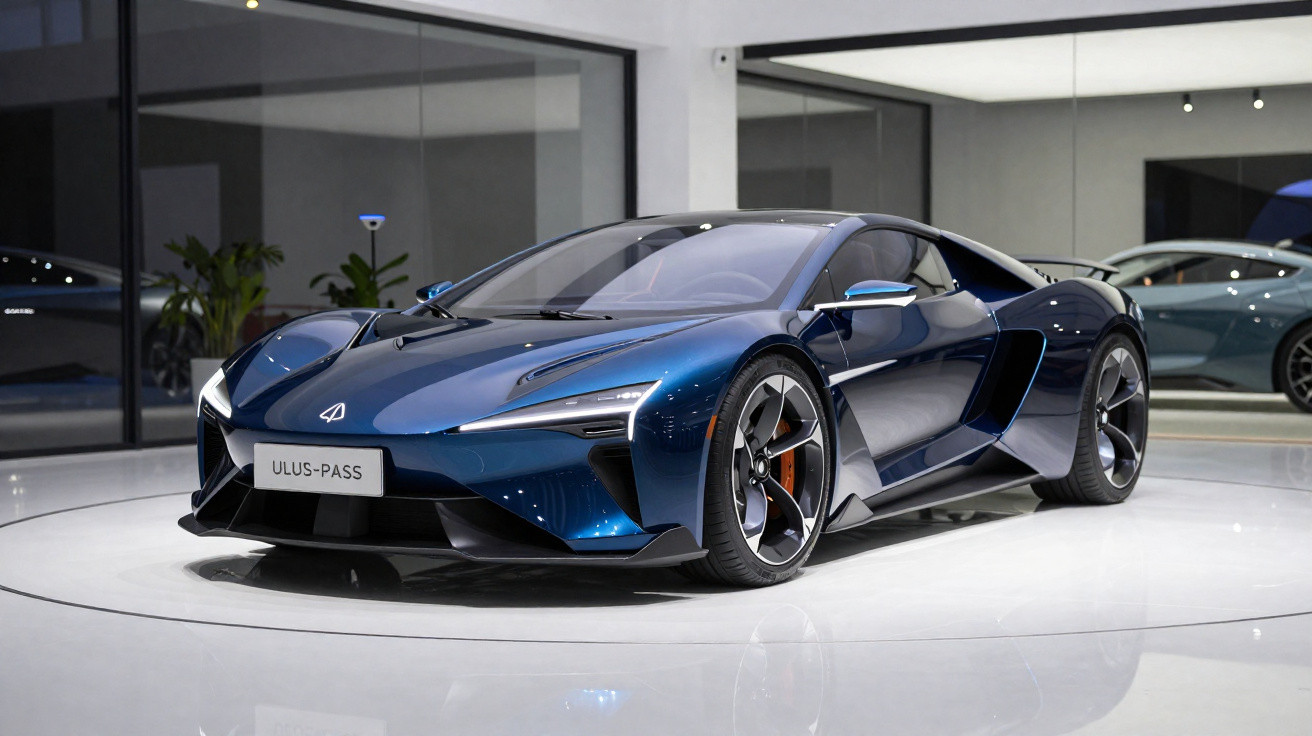 Carro desportivo azul metálico Ulus-Pass exibido numa plataforma branca numa sala moderna com paredes de vidro.