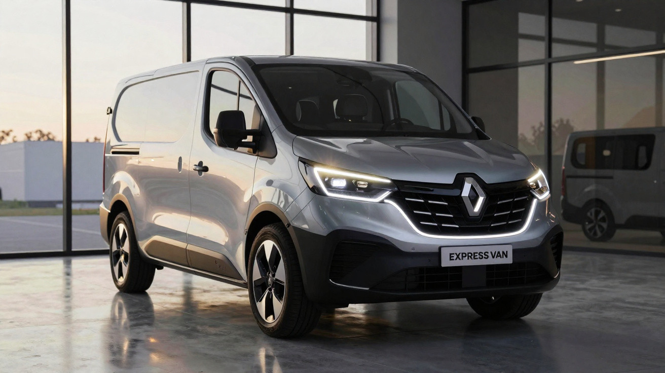 Carrinha comercial Renault Express Van cinzenta estacionada em interior moderno com janelas amplas.