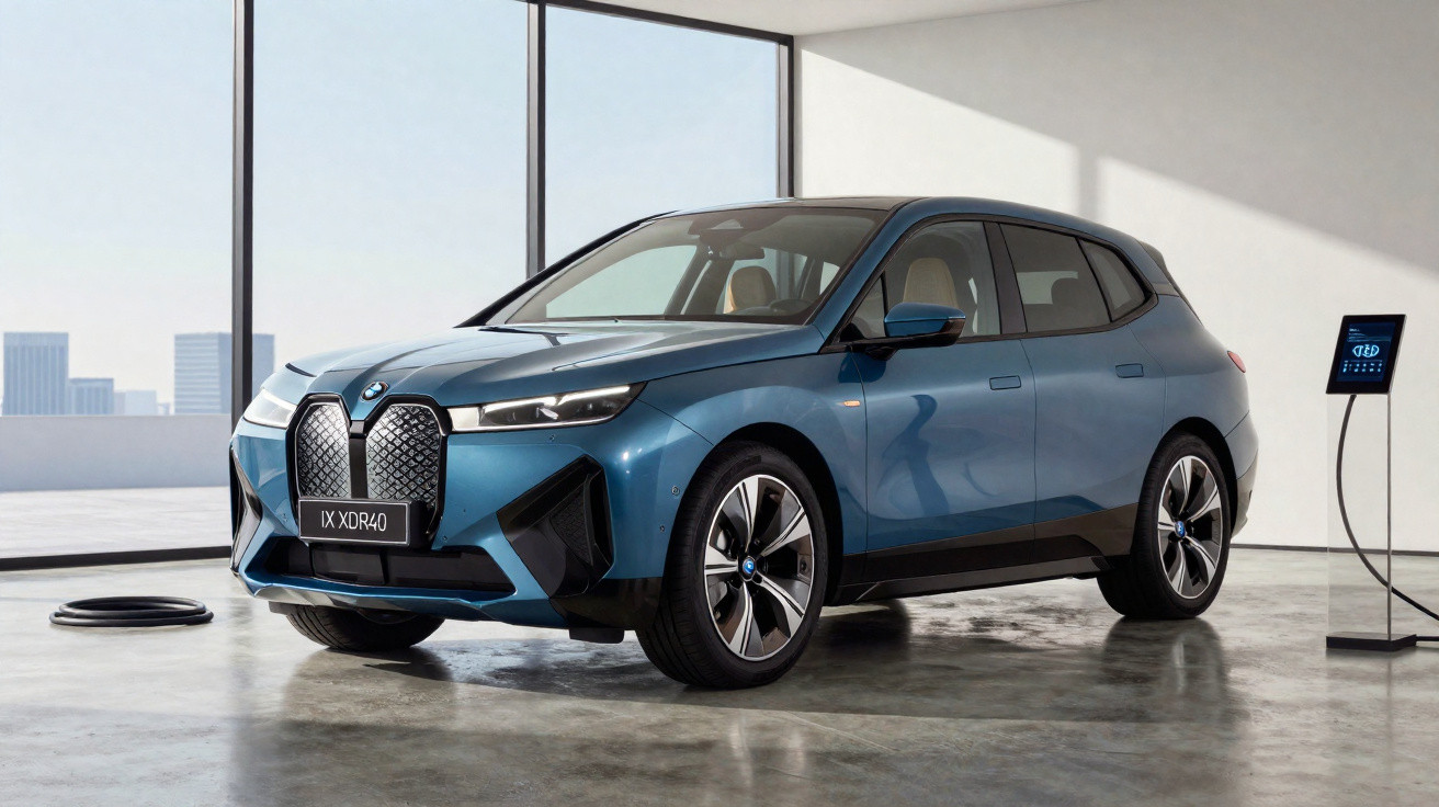 Carro elétrico BMW IX XDR40 azul estacionado em garagem moderna com parede de vidro.