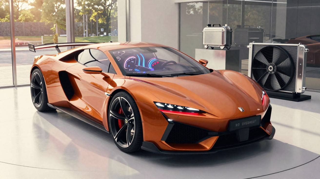 Carro desportivo de cor laranja metálico com design aerodinâmico, luzes LED e spoiler traseiro numa garagem moderna.
