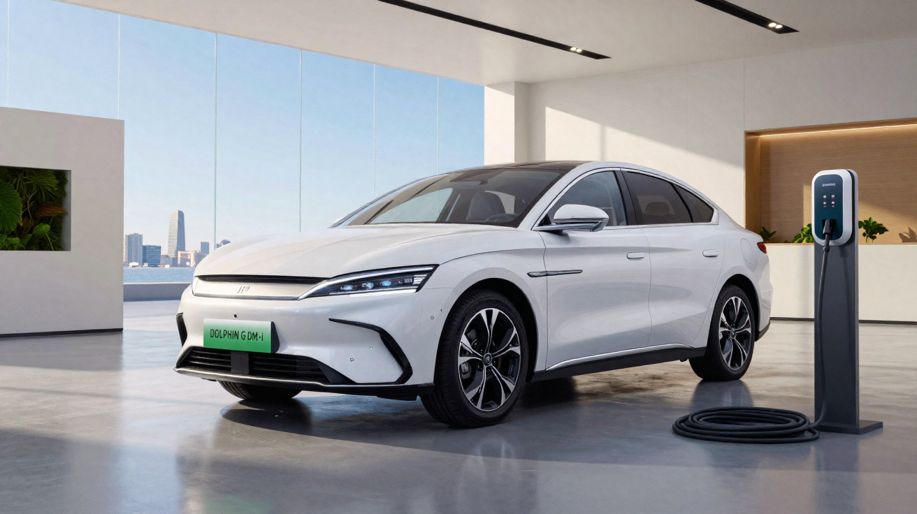 Carro elétrico branco estacionado num espaço moderno junto a um carregador ligado na parede.