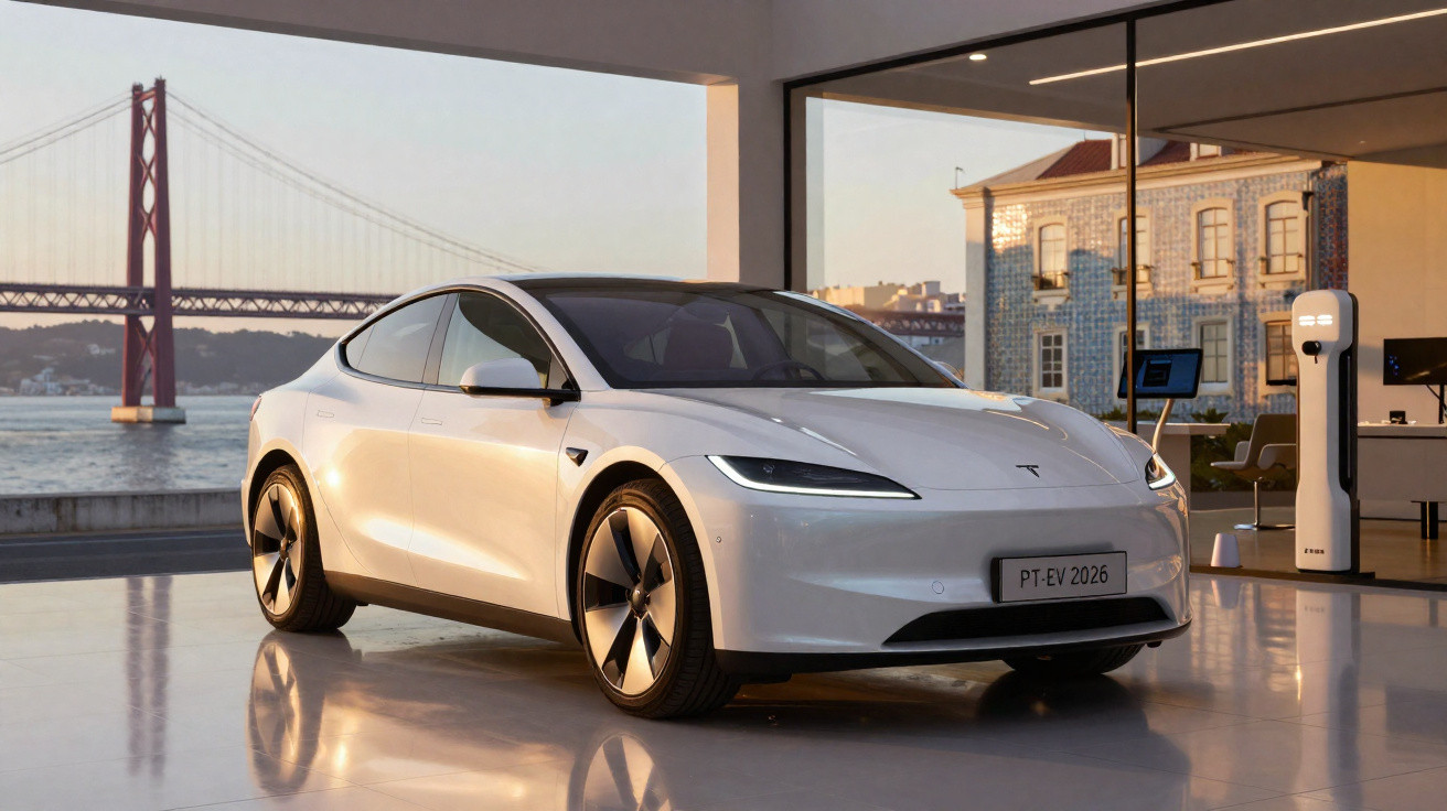 Carro elétrico Tesla branco estacionado numa garagem com vista para o rio e uma ponte suspensa ao fundo.