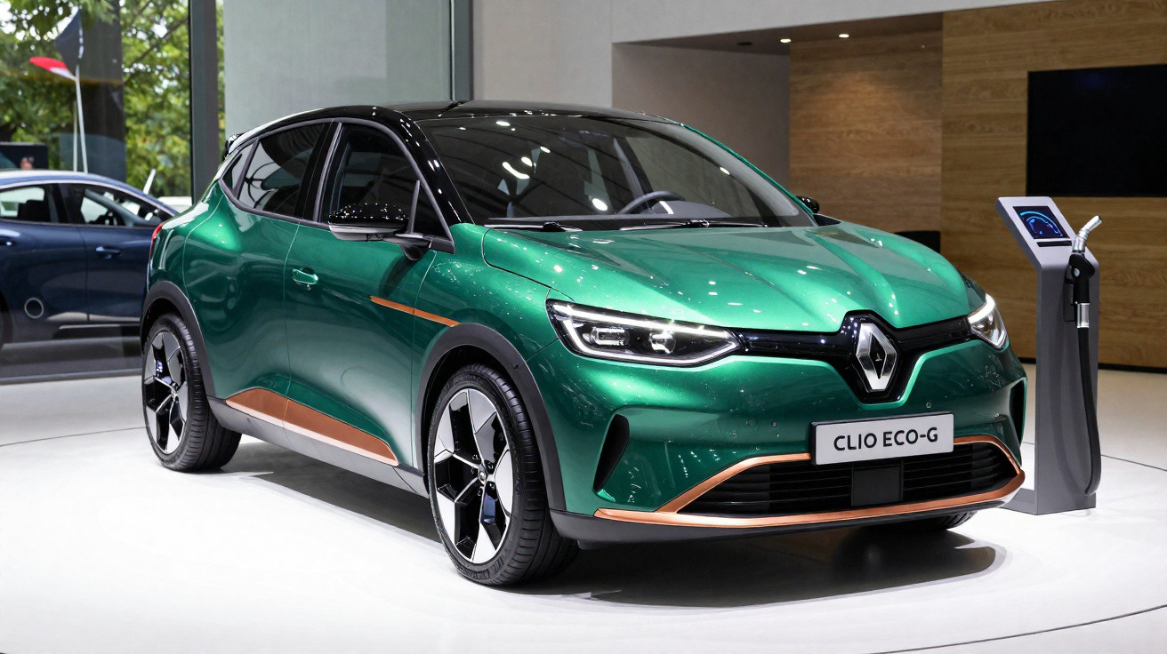 Carro elétrico Renault Clio Eco-G verde com detalhes laranja em exposição, junto a posto de carregamento.