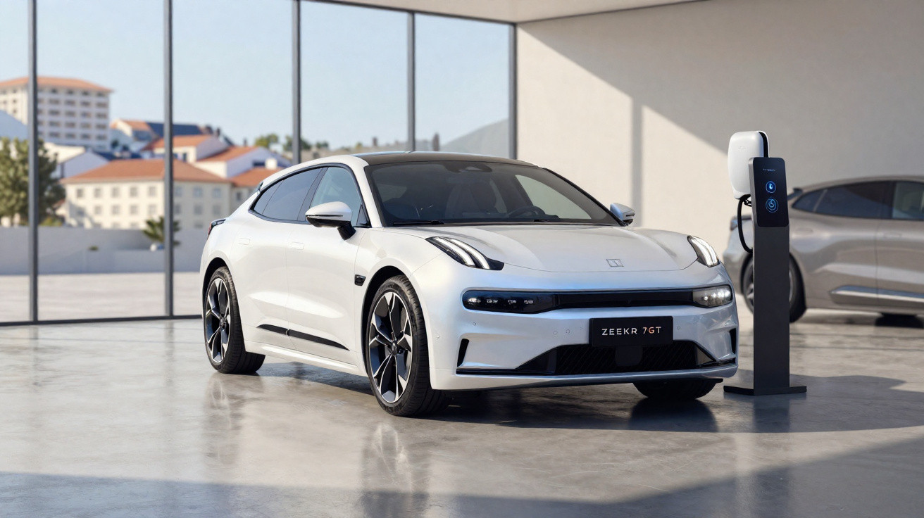 Carro elétrico branco a ser carregado numa estação de carregamento numa garagem moderna com janelas grandes.