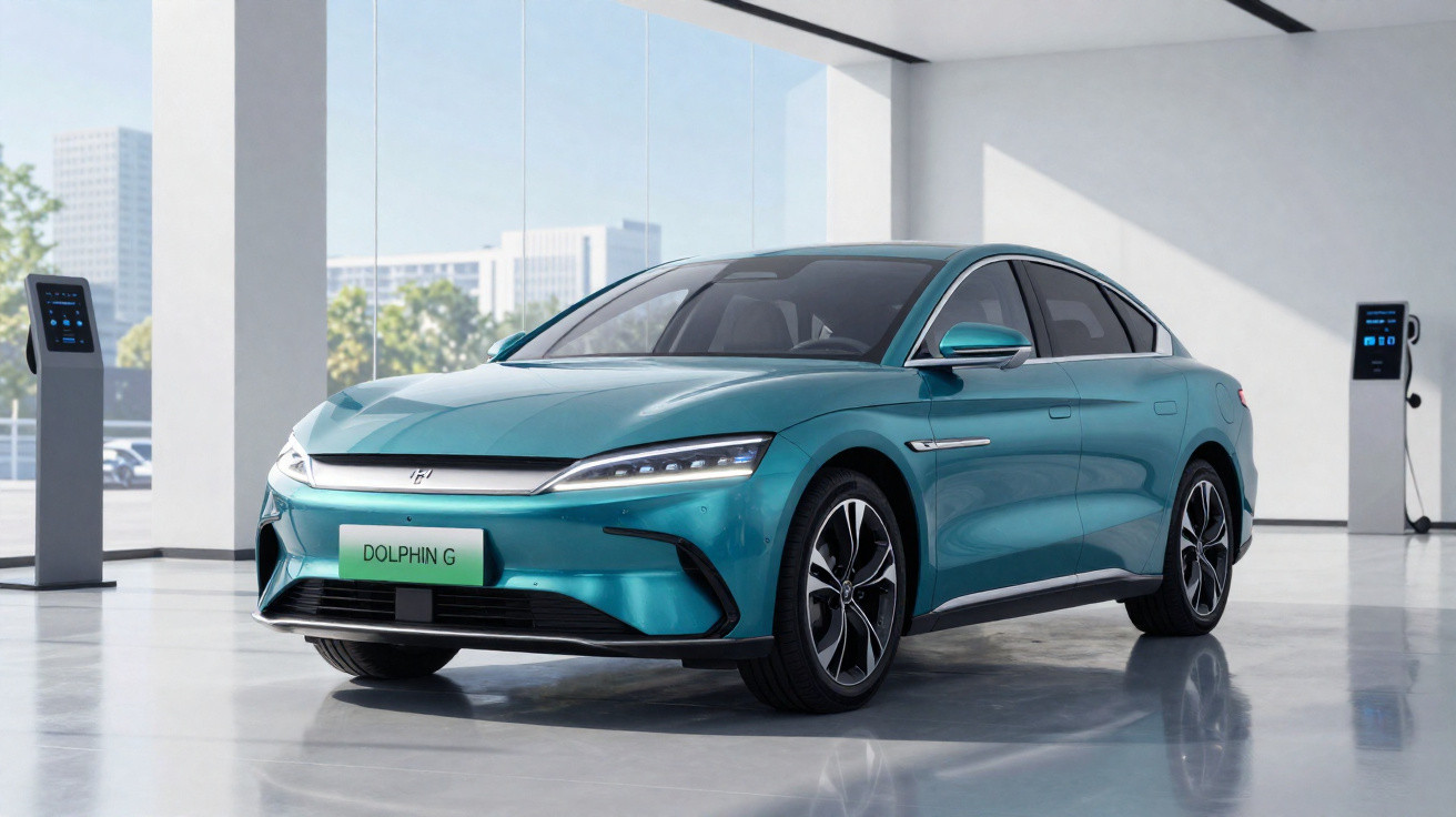 Carro elétrico azul celeste Dolphin G numa sala moderna com estações de carregamento ao fundo.