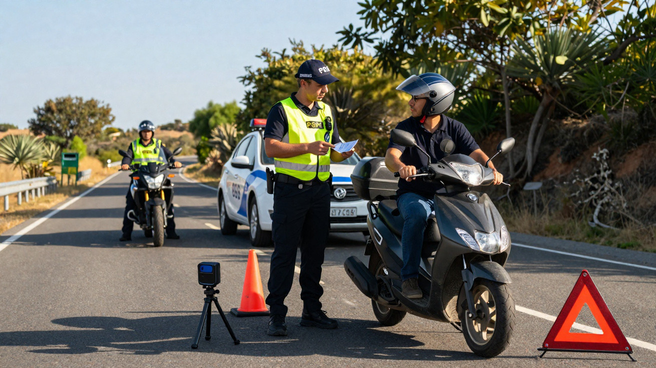 Polícia da PSP a controlar condutor de scooter numa estrada com sinal de triângulo de perigo.