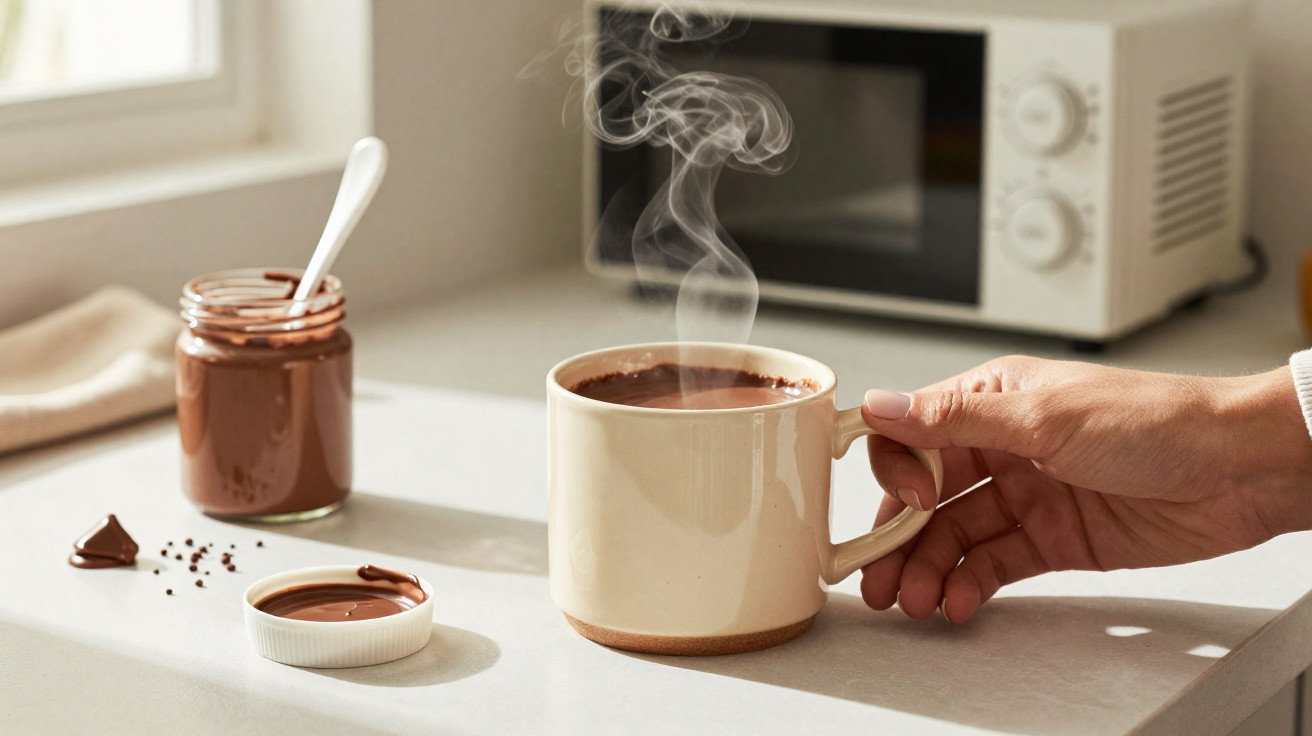 Mão segurando caneca com chocolate quente fumegante numa cozinha, com frasco aberto de creme de chocolate ao lado.