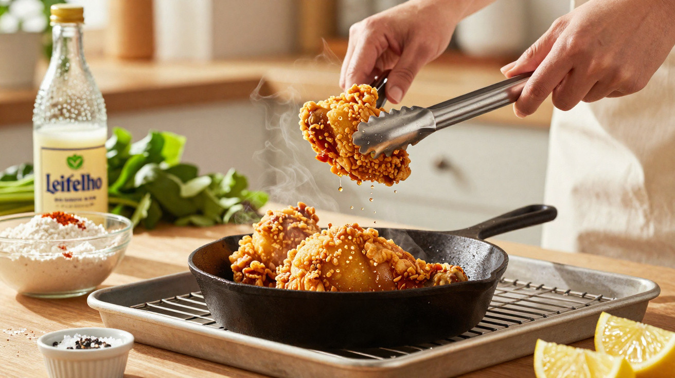 Mão a retirar pedaço de frango frito crocante com pinças de frigideira preta, limões e ingredientes ao fundo.