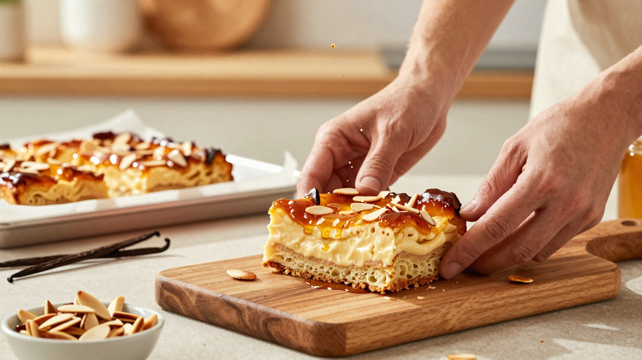 Pessoa a segurar fatia de sobremesa cremosa com amêndoas e caramelo numa tábua de madeira.