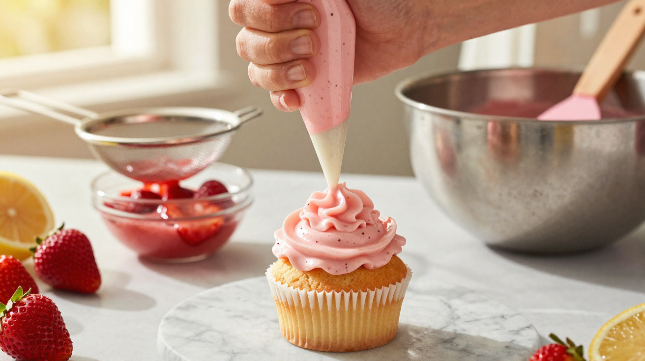 Pessoa a decorar cupcake com glacé cor de rosa, com morangos e cepa de limão na mesa.