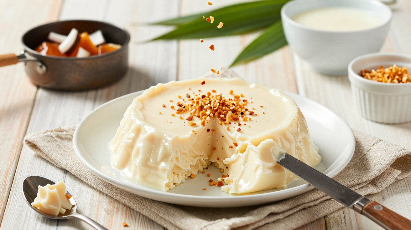 Pudim branco cremoso em prato com nozes a ser polvilhadas e colher com pedaço do doce ao lado.