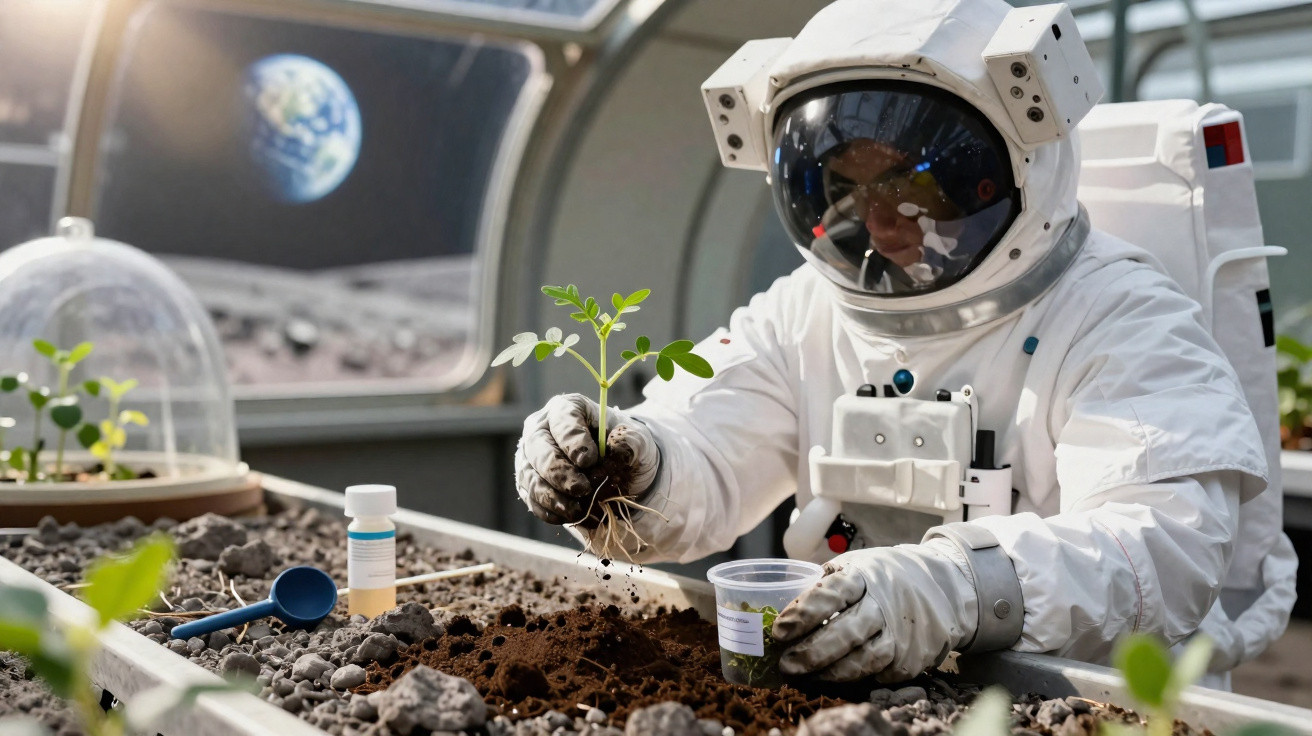Astronauta em fato espacial a plantar uma muda num ambiente controlado de cultivo lunar.