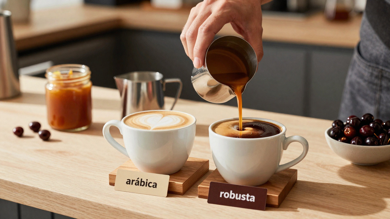 Mãos a derramar café numa chávena robusta, ao lado de uma chávena de café arábica com coração latte art.